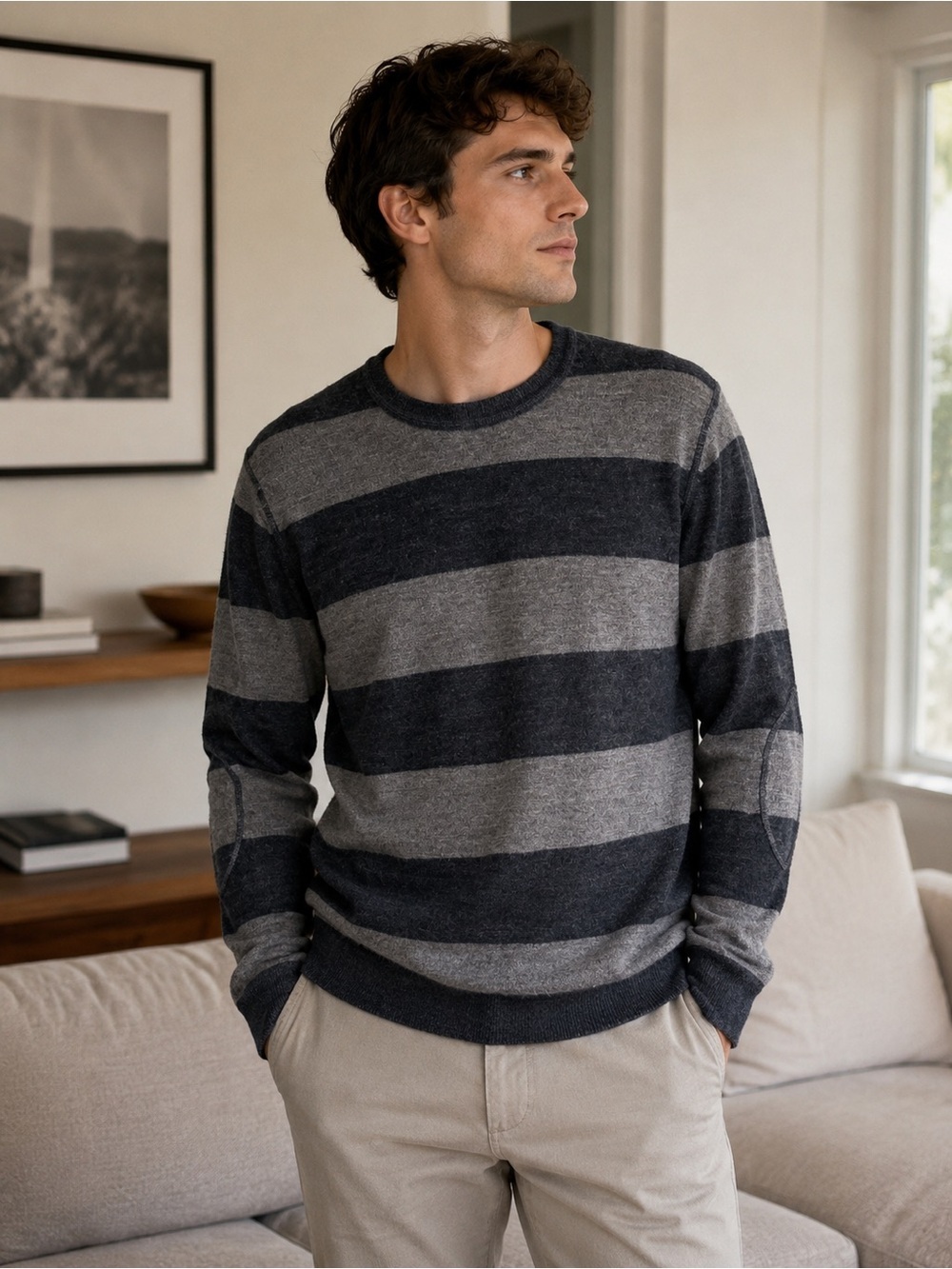 Banana Republic 100% Wool Striped Sweater Elbow Patches Men M Minimalist Casual